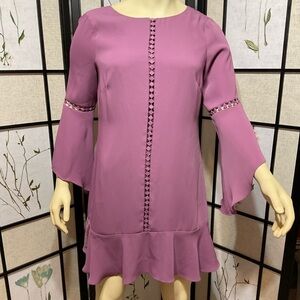 WHITE House Black Market Mauve Dress with Bell Sleeves and Lace Inserts